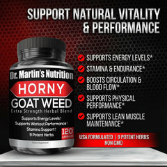 DR. MARTIN'S NUTRITION Horny Goat Weed label highlighting USA-made production standards