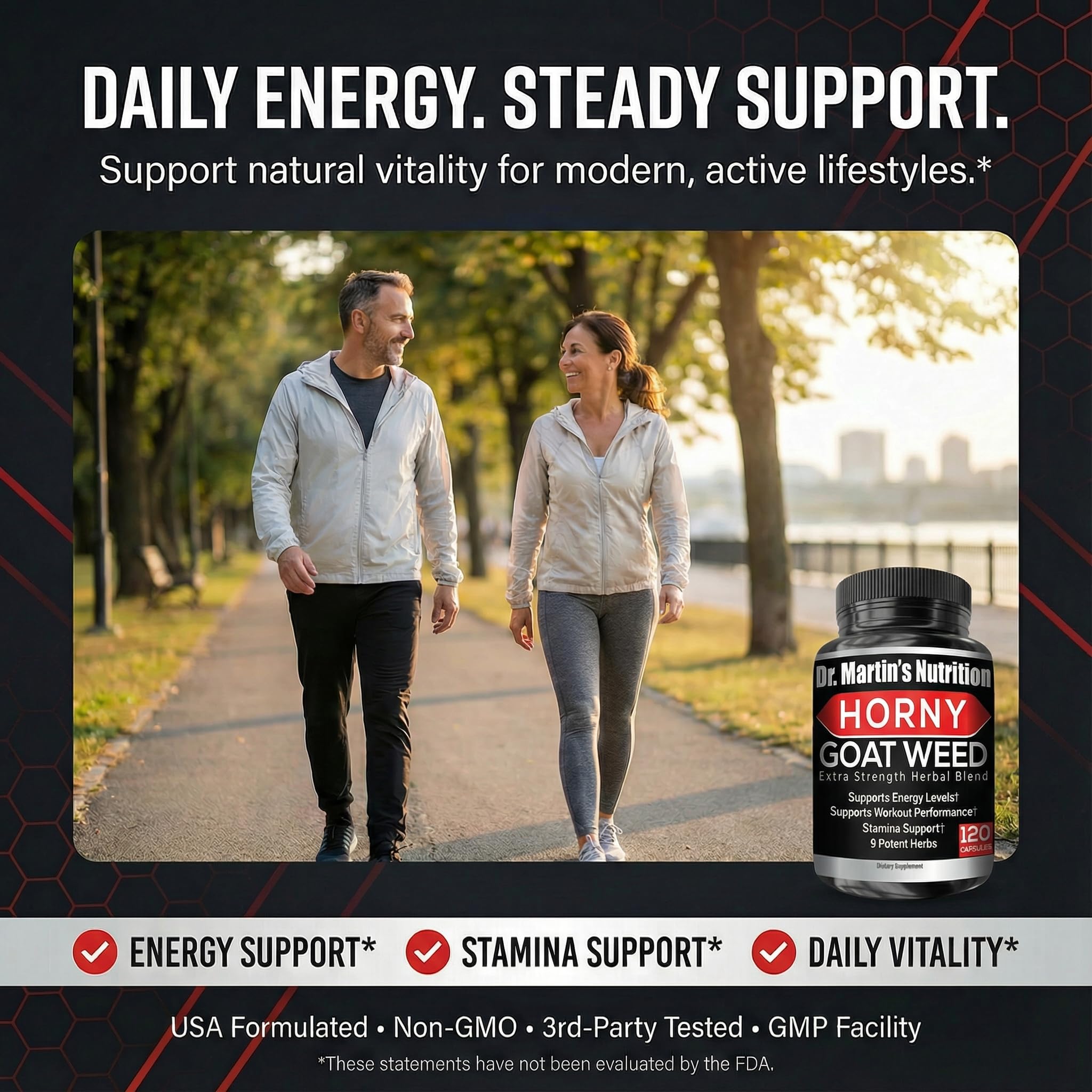 DR. MARTIN'S NUTRITION Horny Goat Weed bottle close-up with tongkat ali