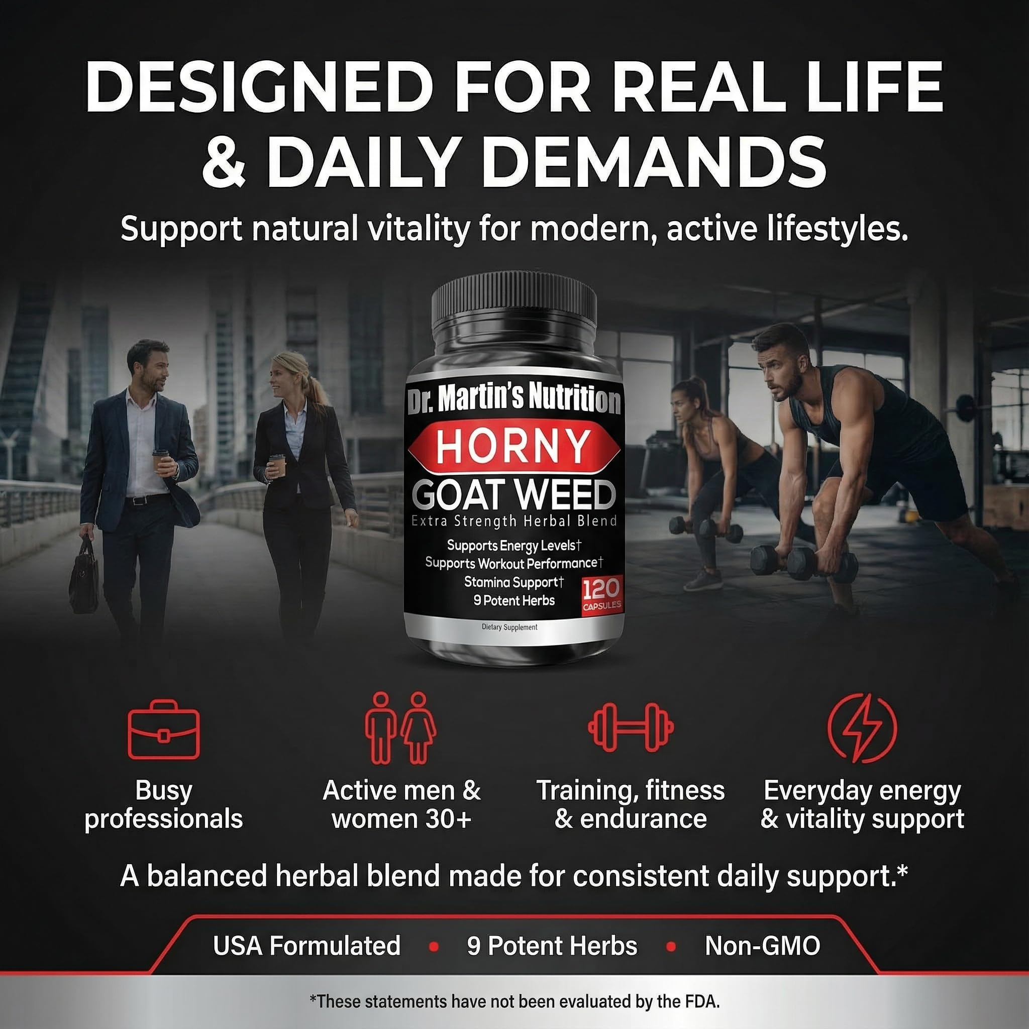 DR. MARTIN'S NUTRITION Horny Goat Weed label shows ginseng and tribulus for vitality