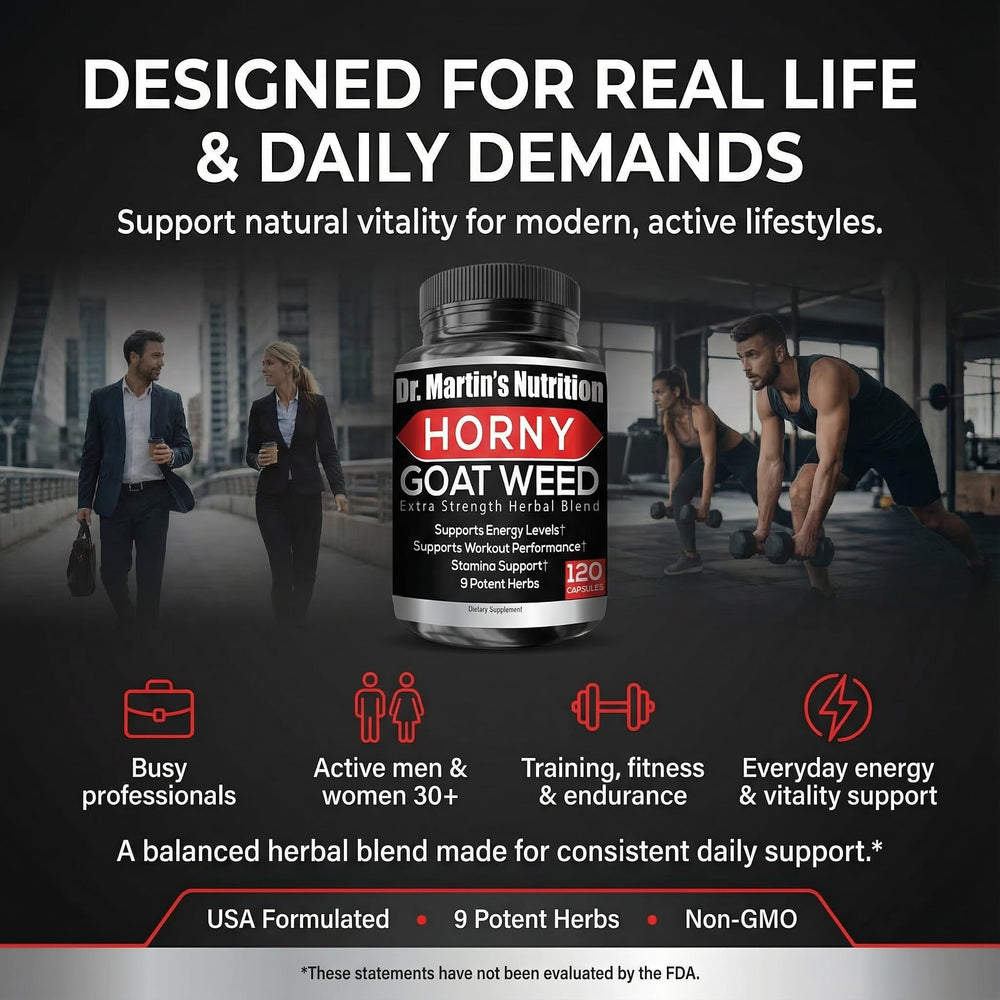 DR. MARTIN'S NUTRITION Horny Goat Weed label shows ginseng and tribulus for vitality