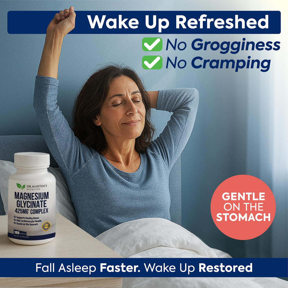 DR. MARTIN'S NUTRITION magnesium glycinate capsules side view on a clean surface