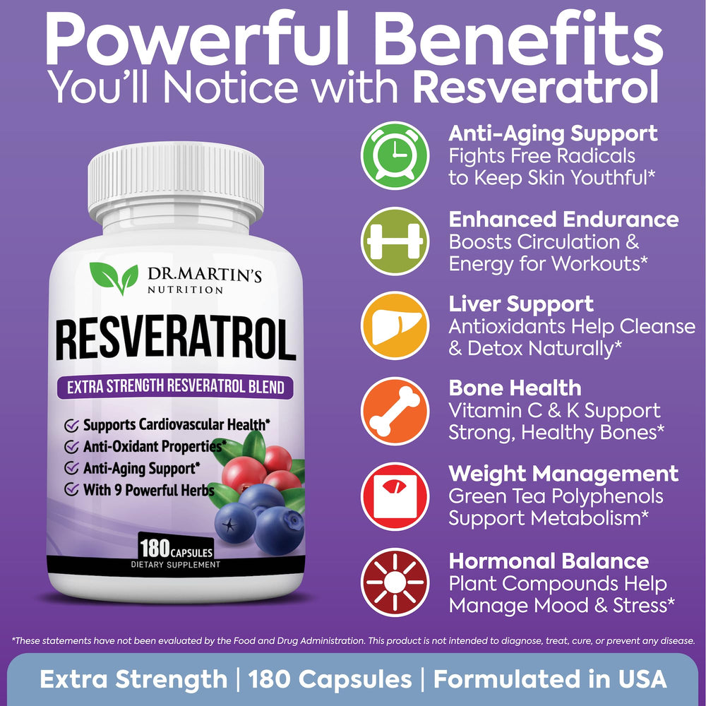 DR. MARTIN'S NUTRITION trans-resveratrol capsules closeup highlighting capsule texture and potency.