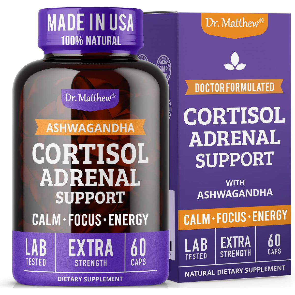 Dr. Matthew Cortisol Reducer bottle front view supports stress balance