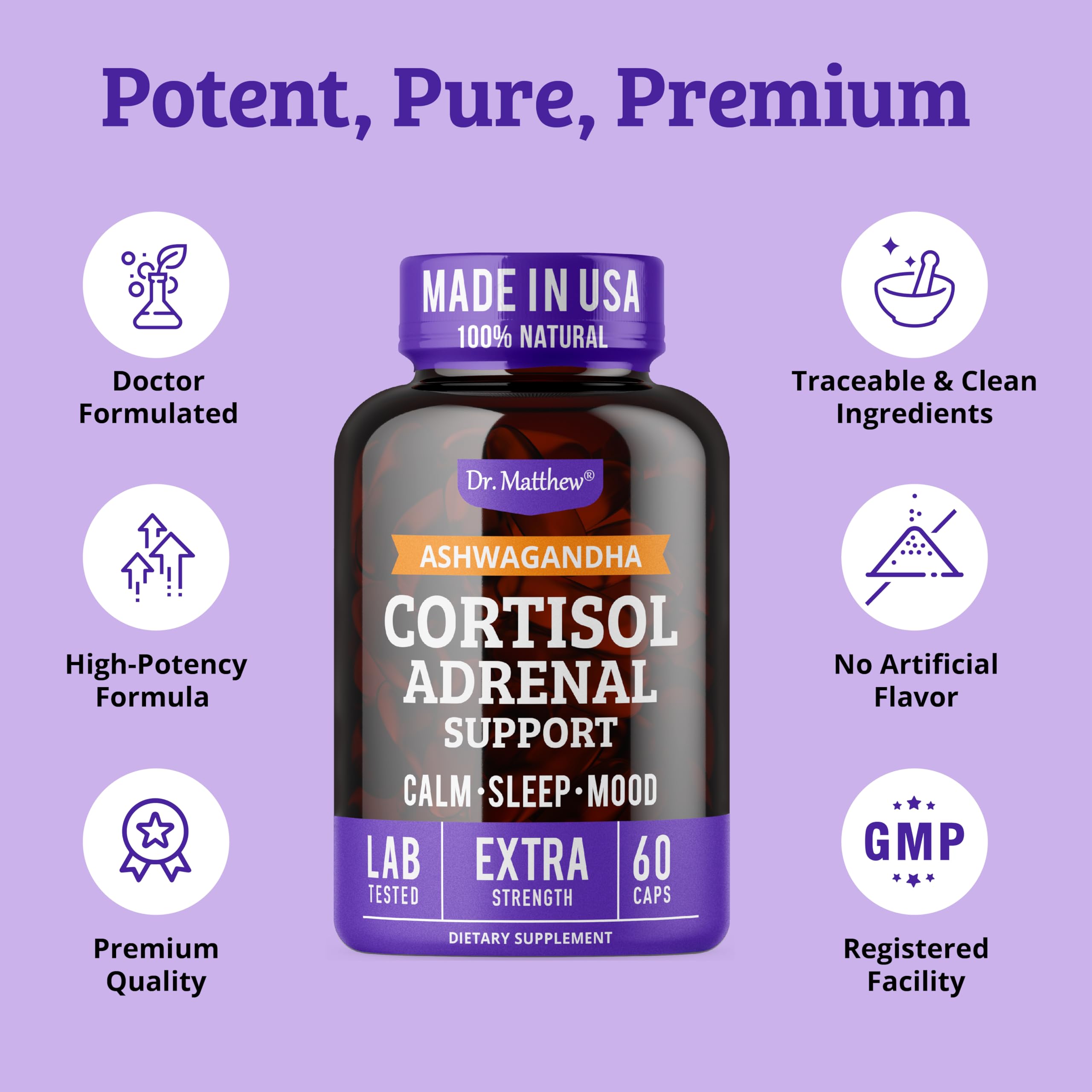 Dr. Matthew Cortisol Reducer label close-up highlights natural detox benefits