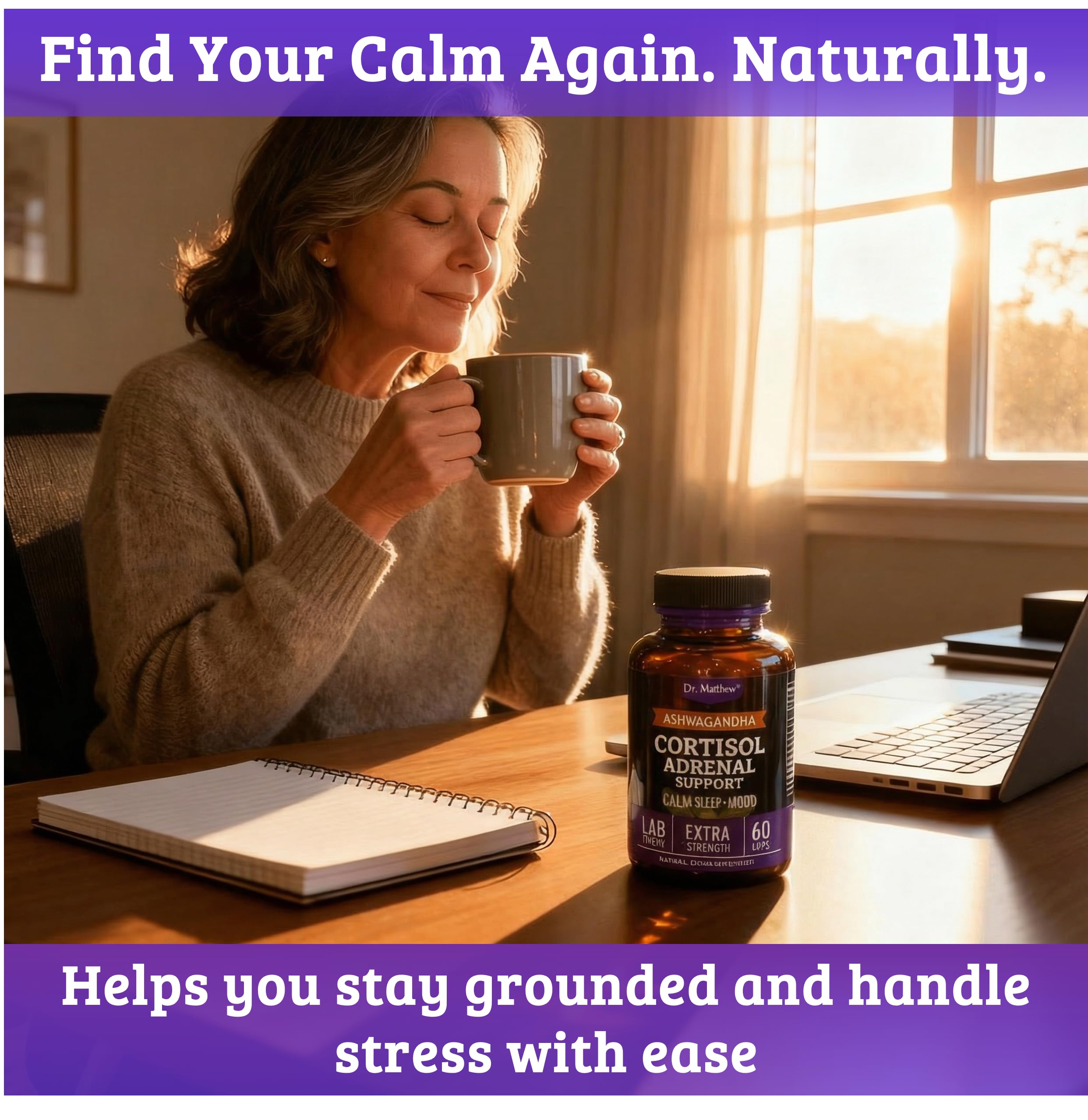 Dr. Matthew Cortisol Reducer packaging box emphasizes adaptogens for mood balance