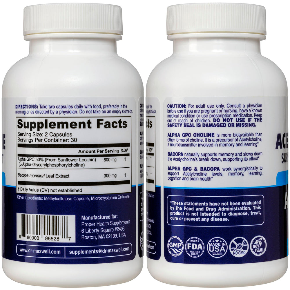 Dr. Maxwell Acetylcholine capsules pack showing Alpha GPC and Bacopa for cognitive support