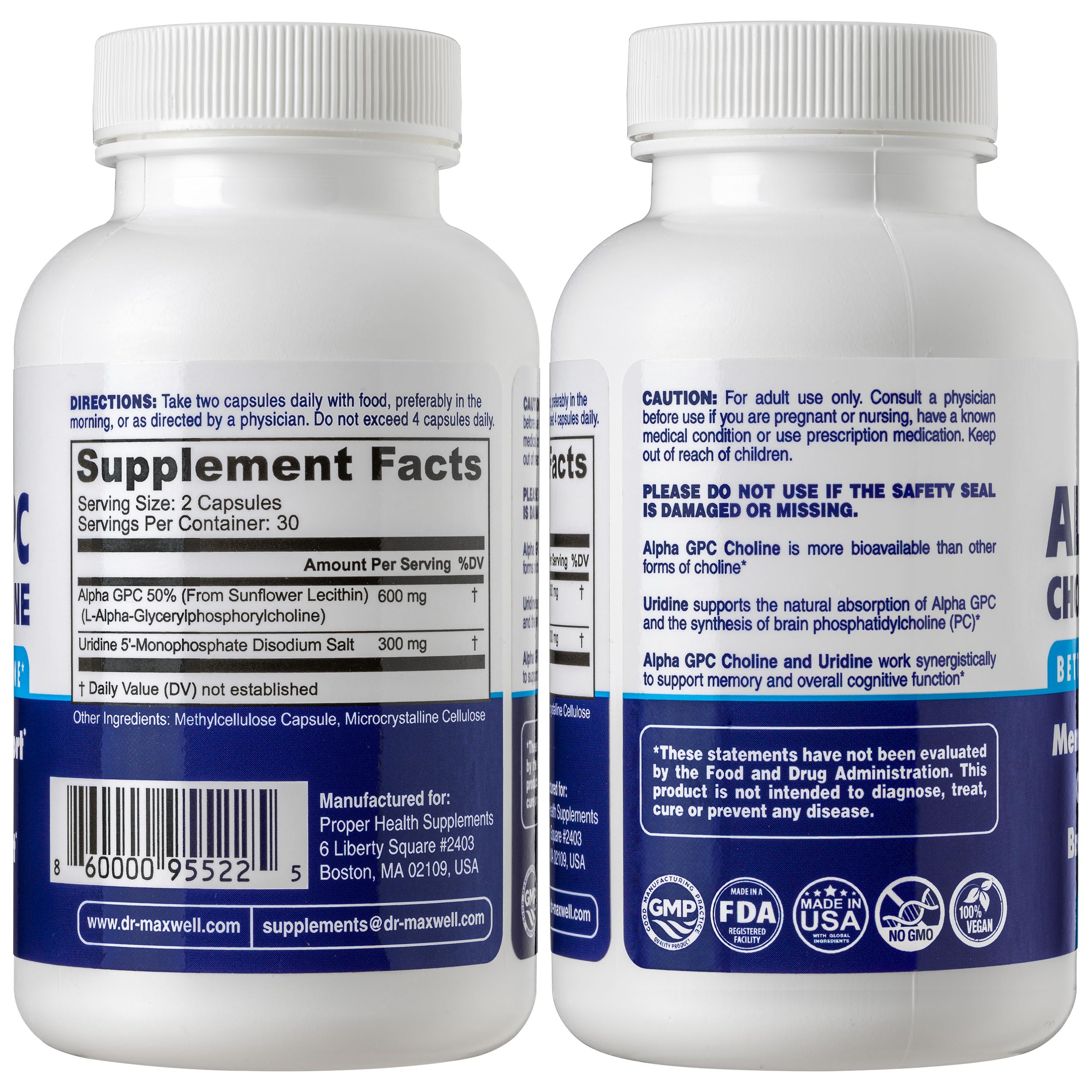 Dr. Maxwell Alpha GPC 600mg Uridine capsules closeup memory support.