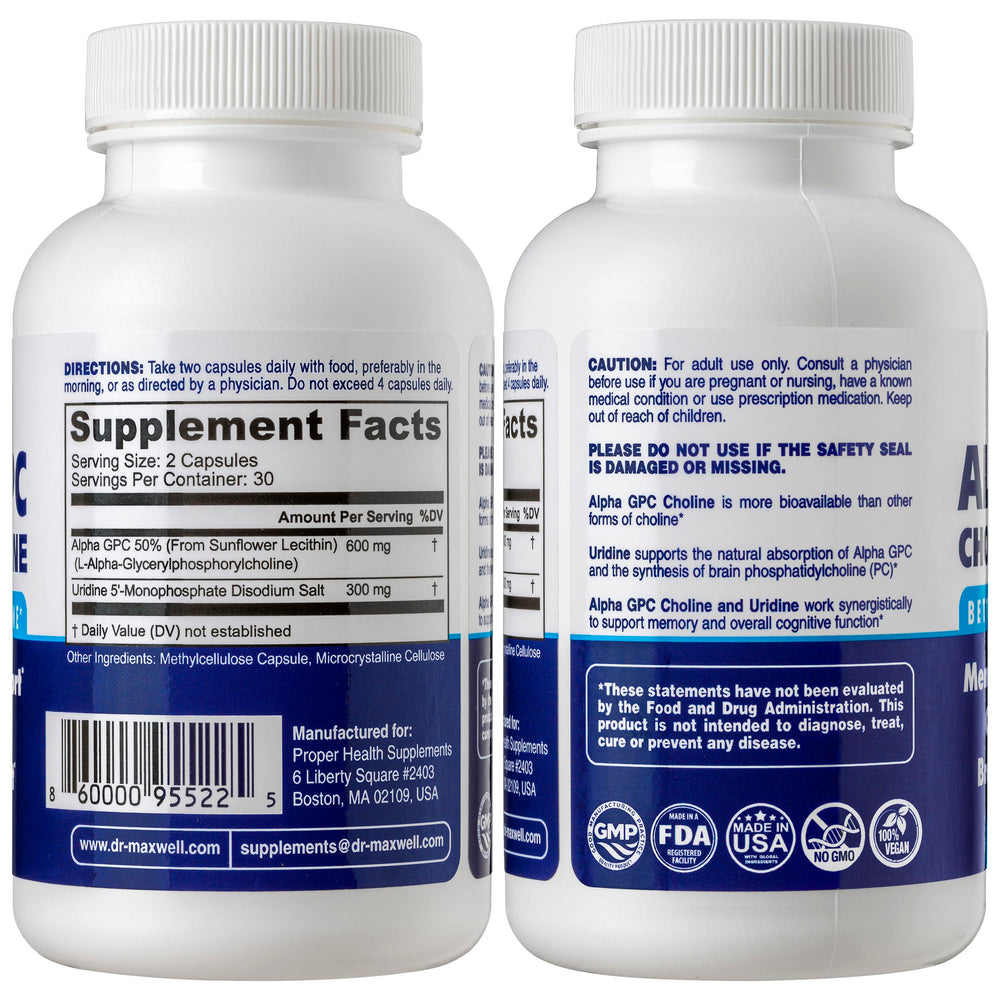 Dr. Maxwell Alpha GPC 600mg Uridine capsules closeup memory support.