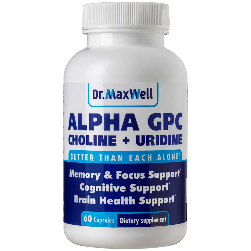 Dr. Maxwell Alpha GPC 600mg Uridine bottle pour supports cognitive focus and clarity.