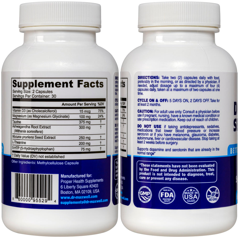 Close-up of Dr. Maxwell label highlighting mood balance ingredients.