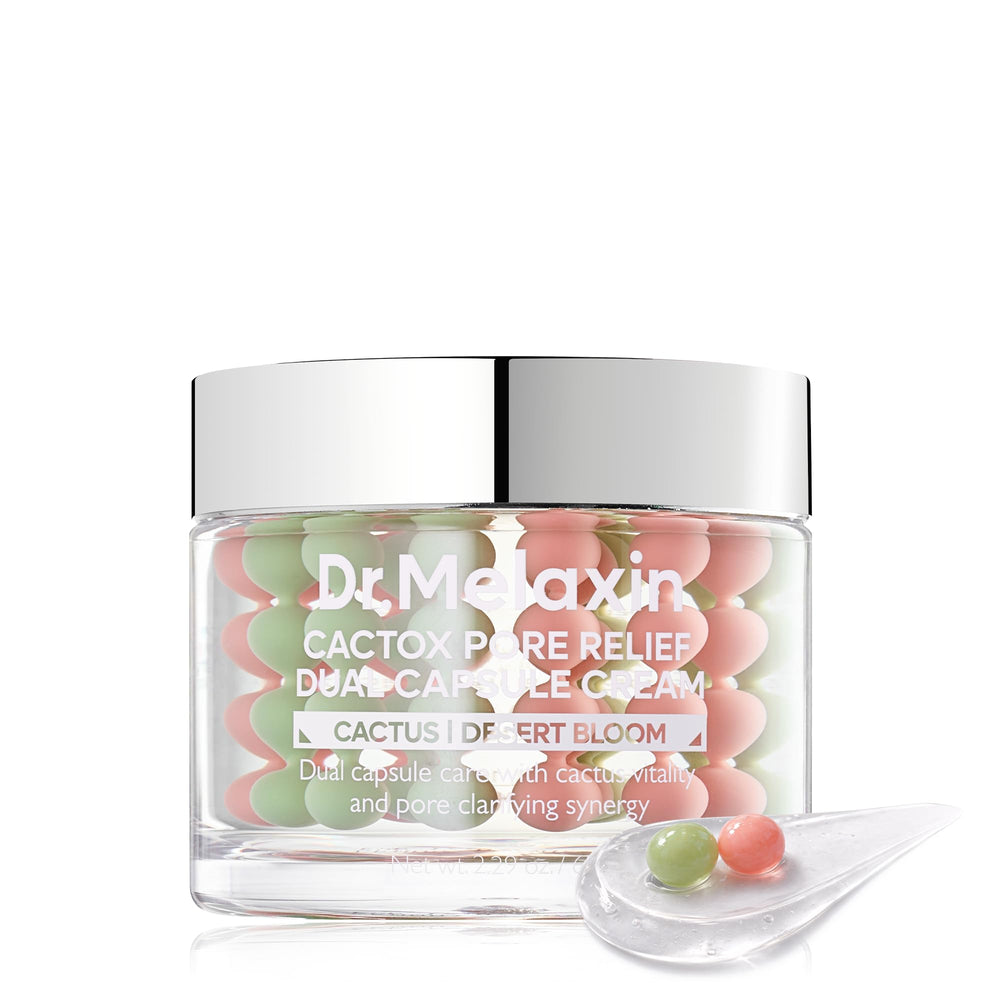 Dr.Melaxin Cactox Pore Dual Capsule Cream jar shows smooth texture and pore-refining potential