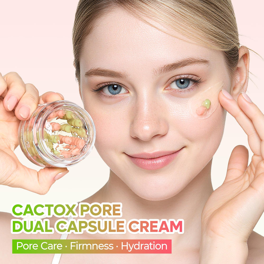Dr.Melaxin Cactox Pore Dual Capsule Cream swirl on skin highlights hydrating, firming feel