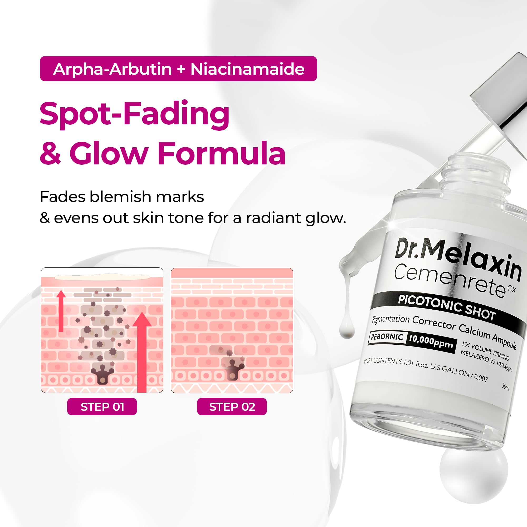 Dr.Melaxin Cemenrete Picotonic Shot ingredients close-up highlights collagen and Niacinamide.