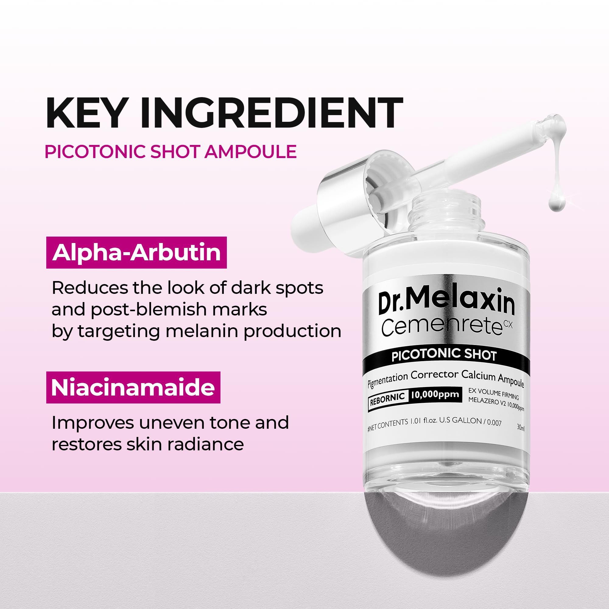 Dr.Melaxin Cemenrete Picotonic Shot texture close-up shows lightweight, fast-absorbing serum.