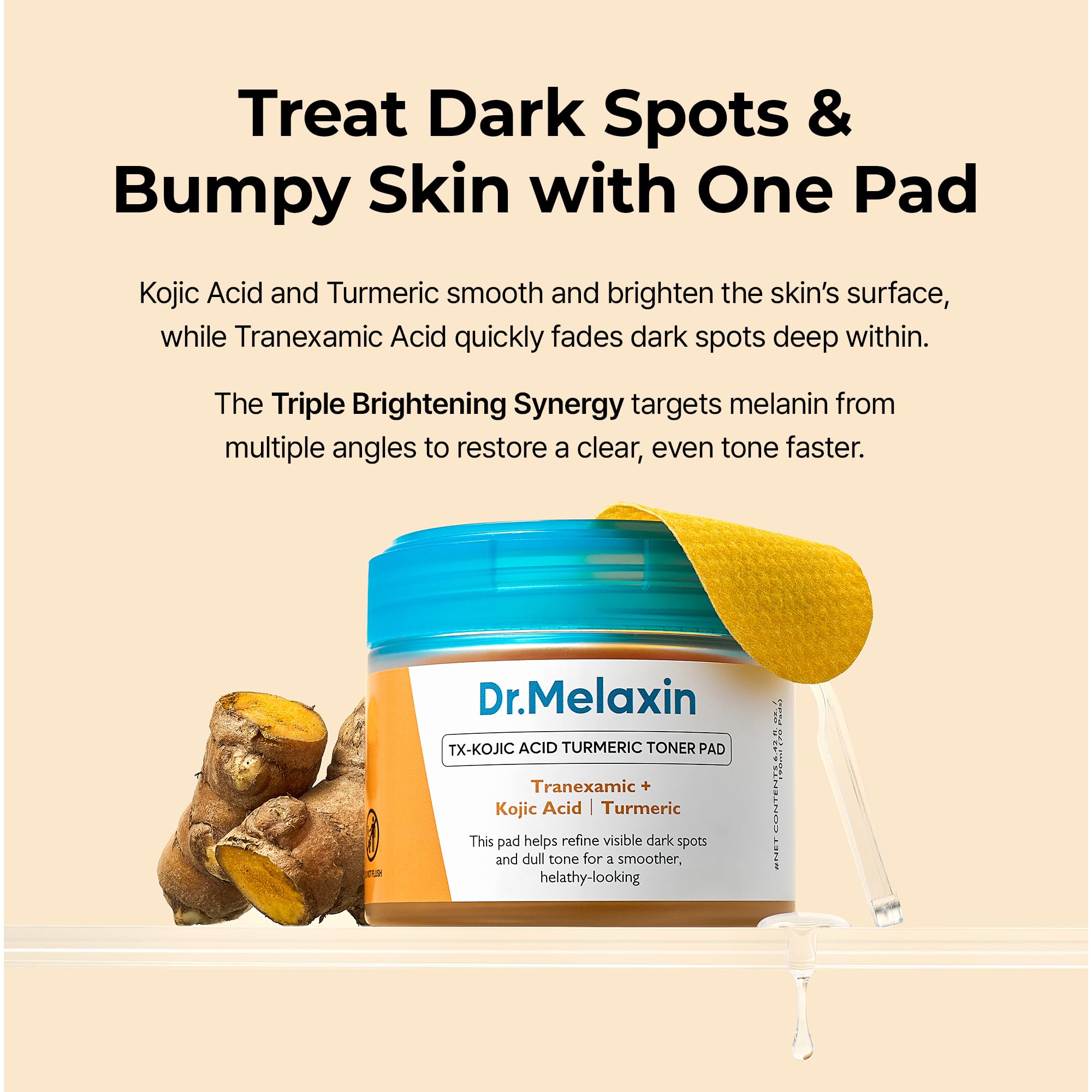Dr.Melaxin kojic-turmeric blend on pad promotes even tone