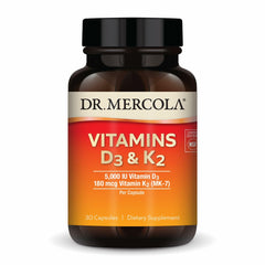 Dr Mercola D3 & K2 bottle front supporting immune, bone and cardiovascular health