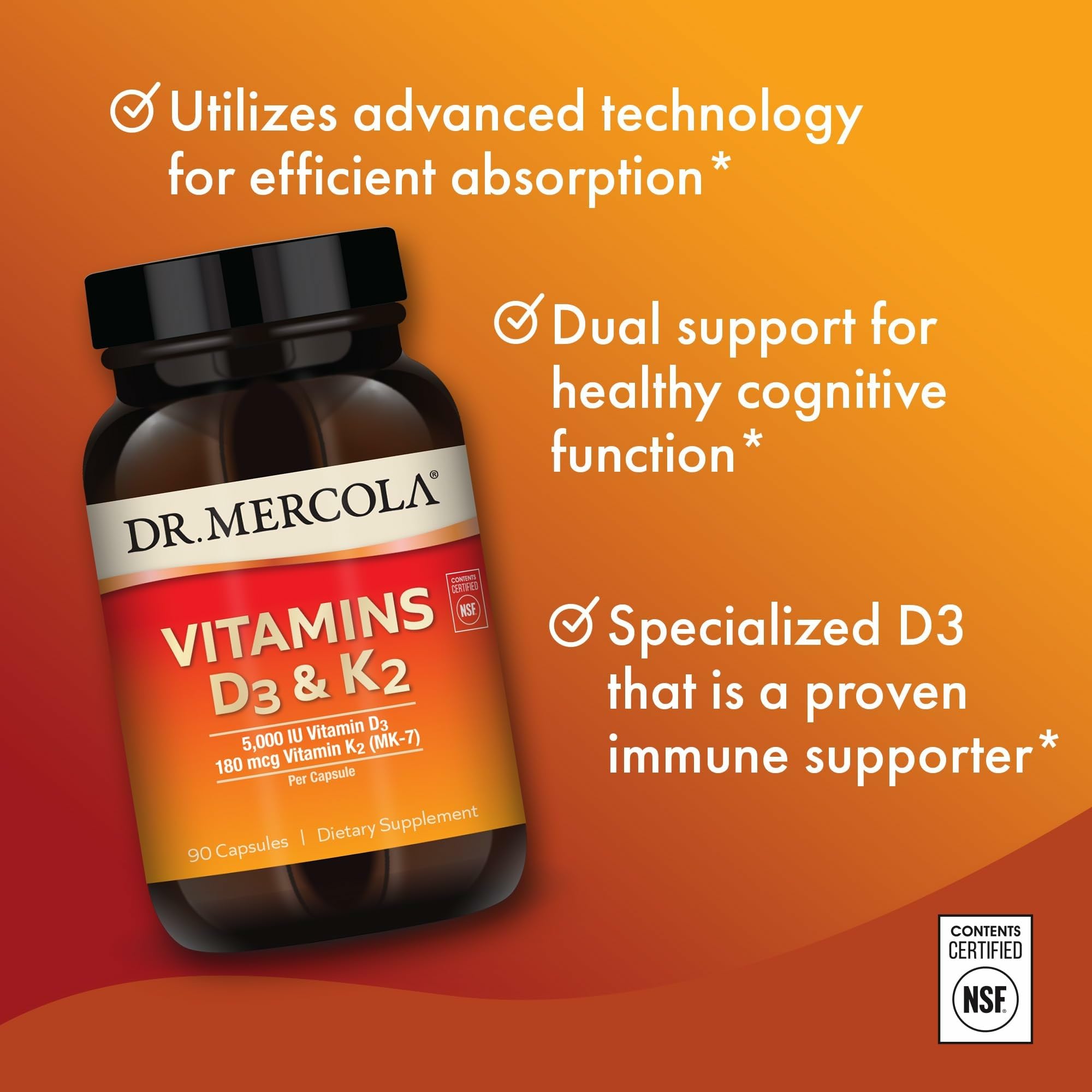 Non-GMO and gluten-free Dr. Mercola D3 & K2 product packaging.