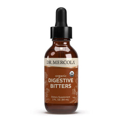 Dr Mercola Digestive Bitters bottle-front showing alcohol-free formula for digestive support.