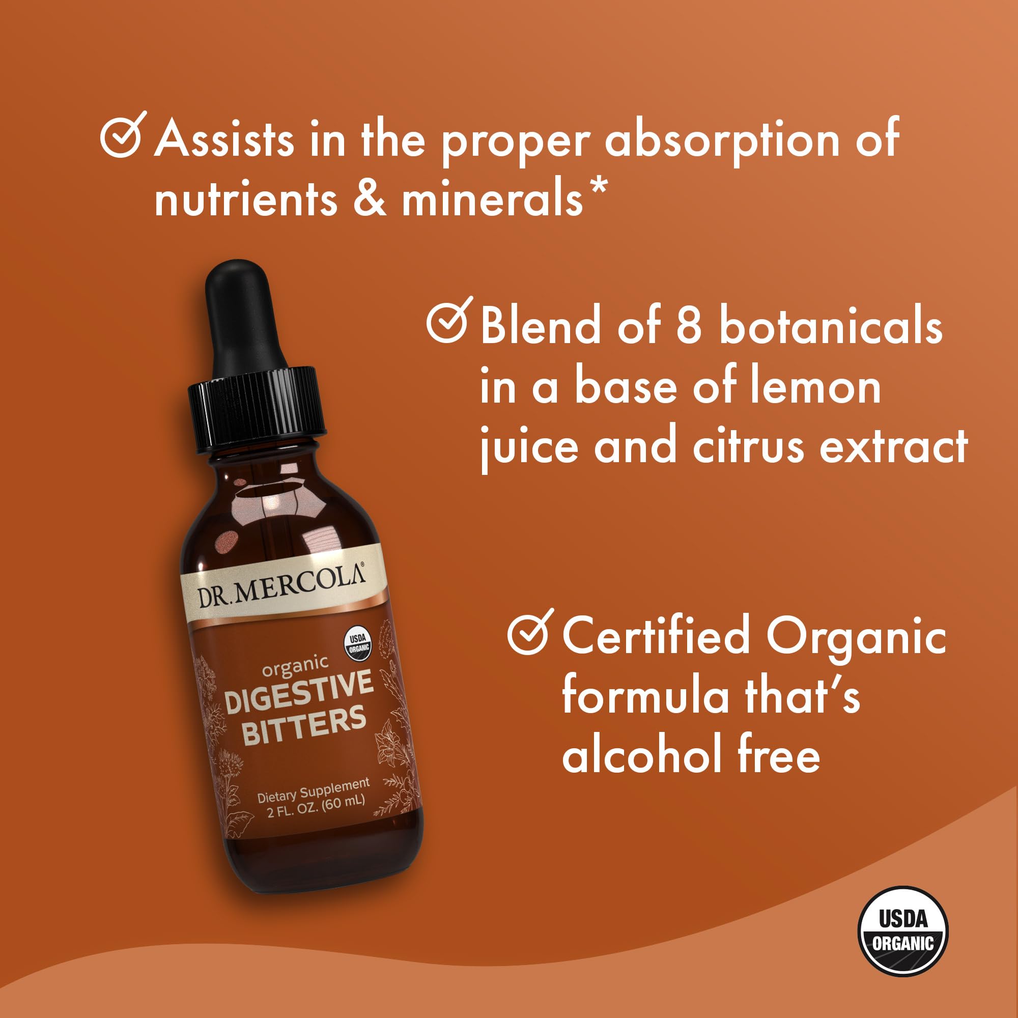 Dr Mercola Digestive Bitters burdock-root close-up emphasizes herbal blend and support.