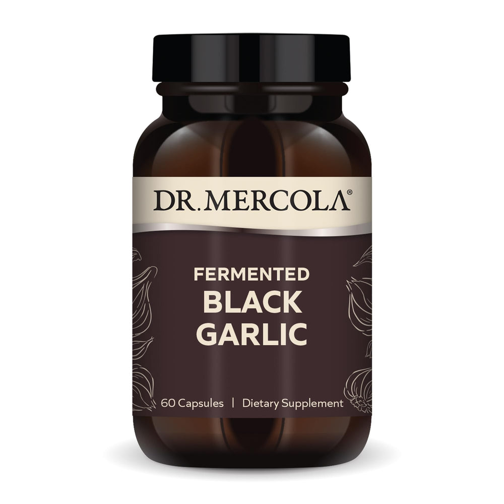 Dr. Mercola Fermented Black Garlic bottle front view for daily immune and antioxidant support.
