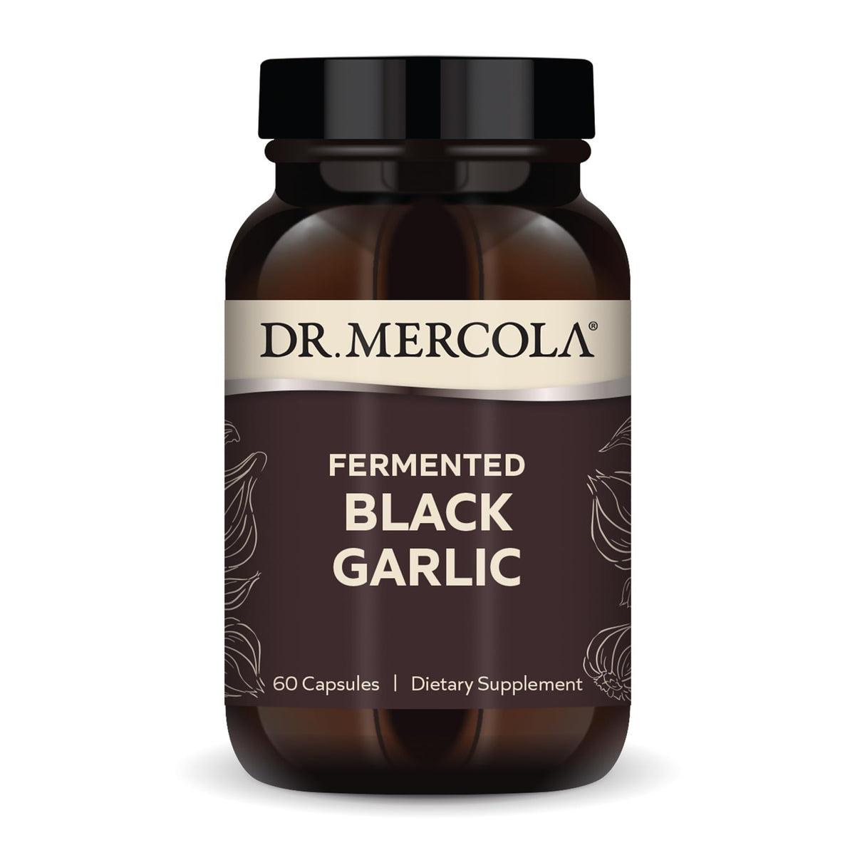 Dr. Mercola Fermented Black Garlic bottle front view for daily immune and antioxidant support.