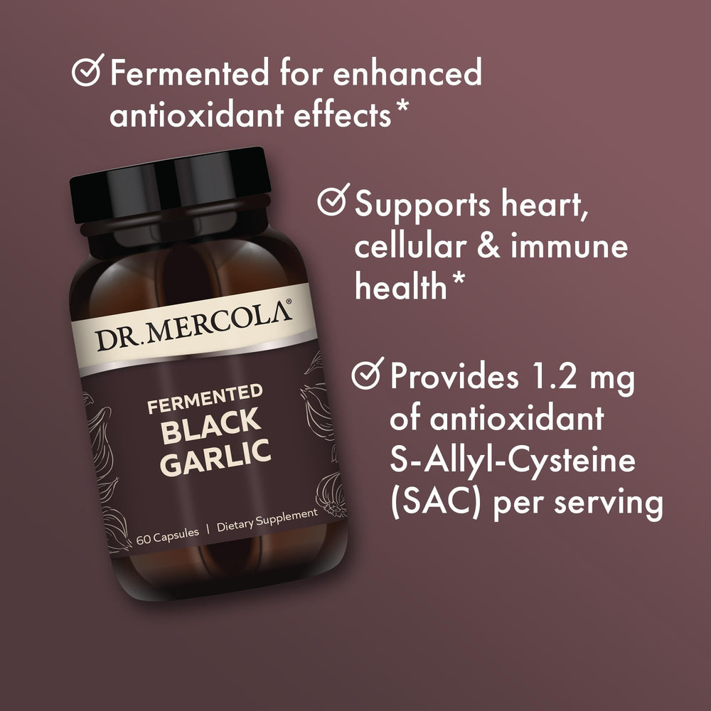 Dr. Mercola Fermented Black Garlic label noting non-GMO, gluten-free, and soy-free claims.