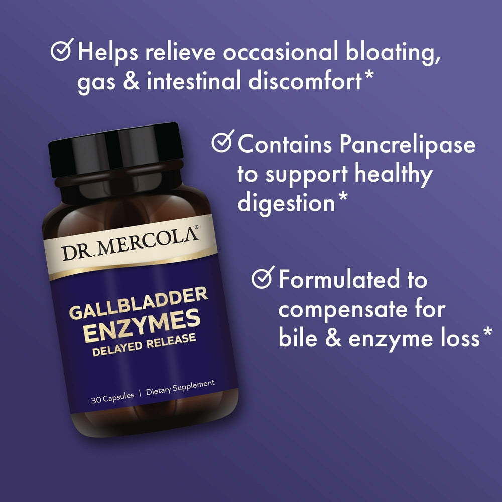 Dr. Mercola Gallbladder Enzymes capsule packaging highlighting delayed-release capsules