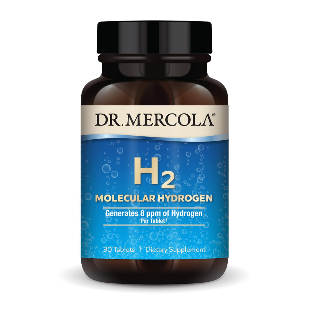 Dr. Mercola H2 tablet dissolving in water for daily hydration and energy support