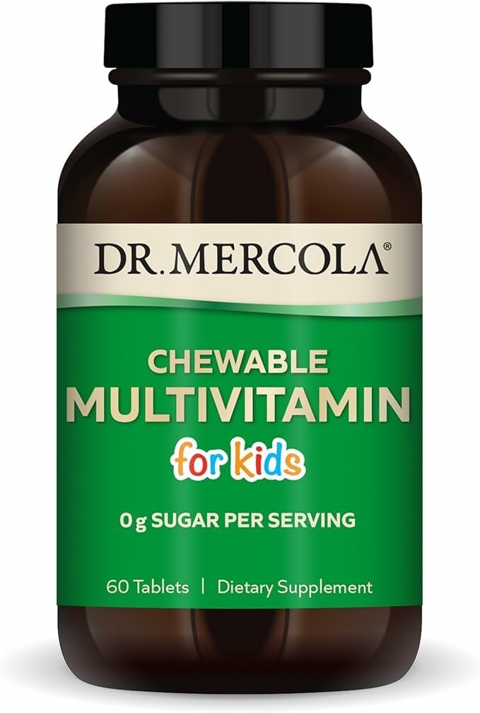 Dr. Mercola Kids Multivitamin front label with orange flavor for daily nutrition.
