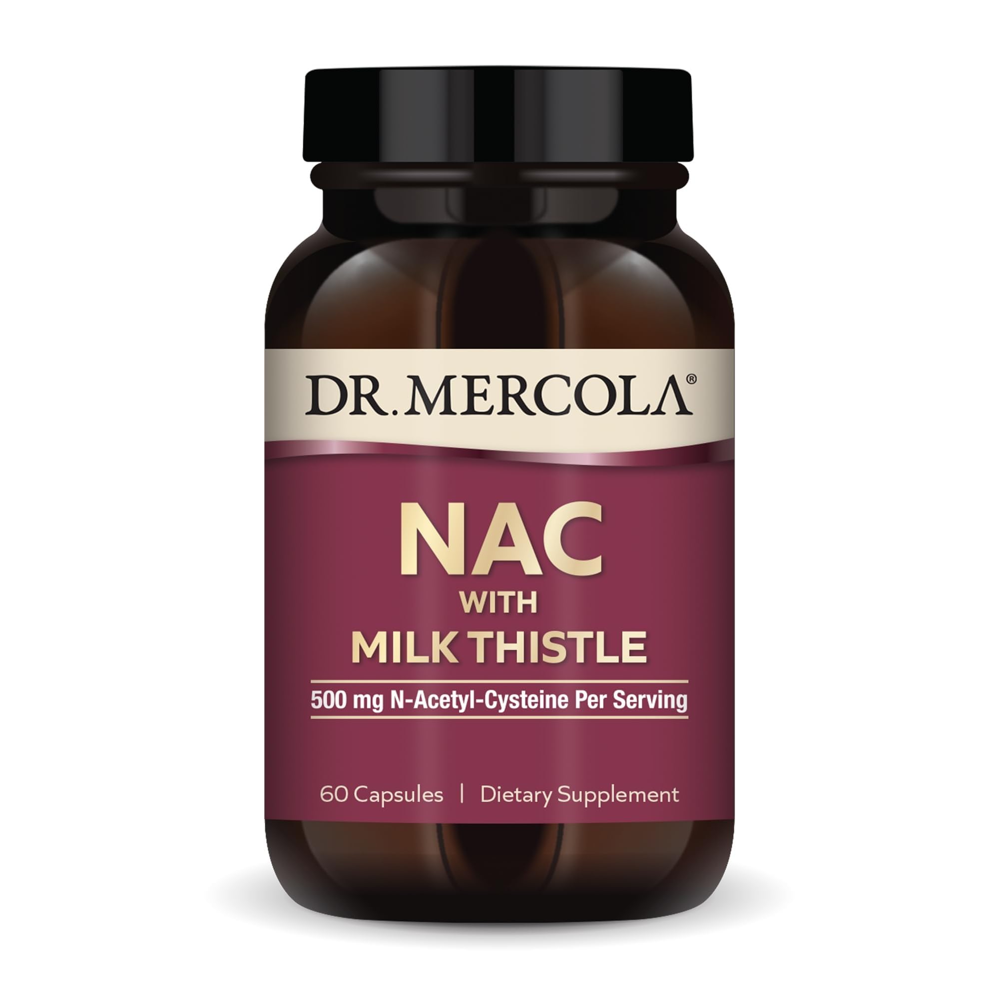 Dr. Mercola NAC Milk Thistle bottle with label supports detox and antioxidant support.
