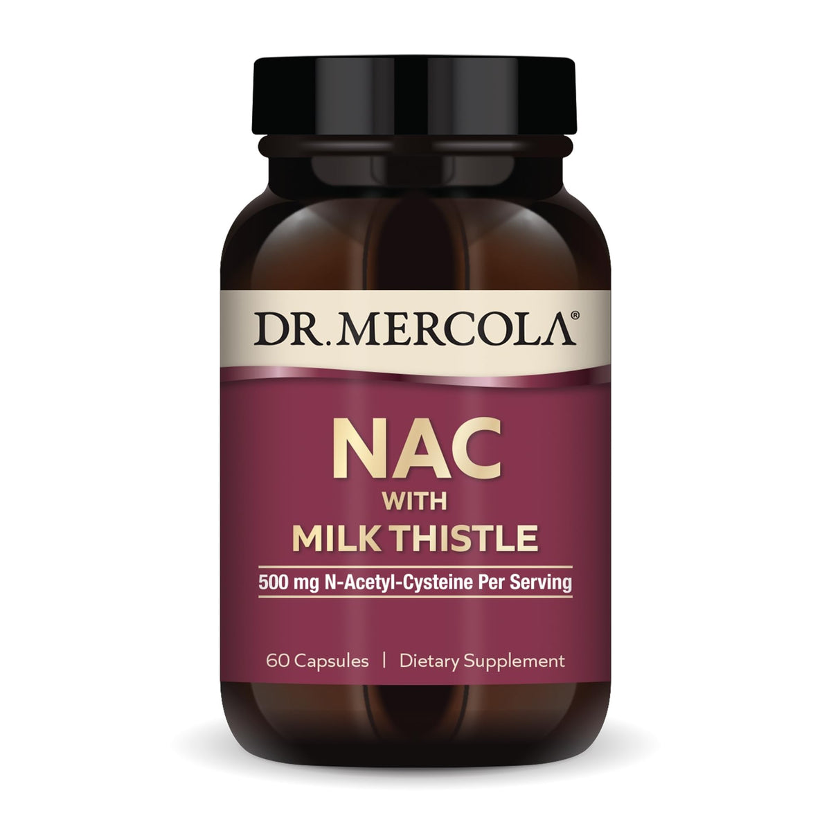 Dr. Mercola NAC Milk Thistle bottle with label supports detox and antioxidant support.