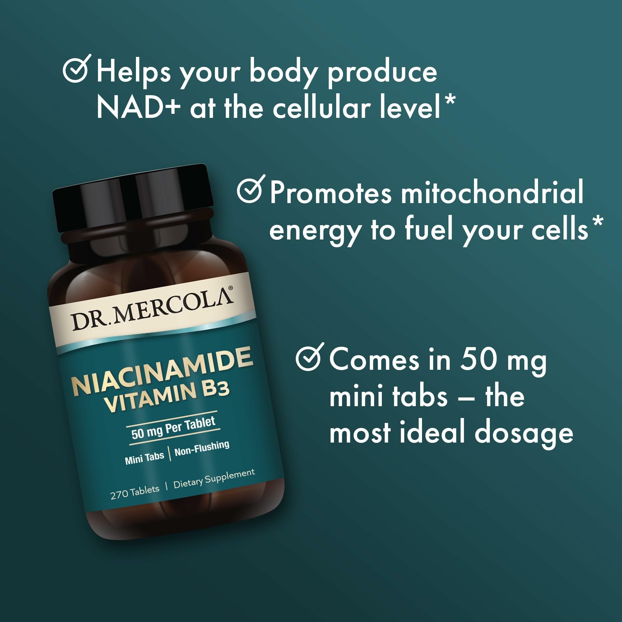 Tablets stacked of Dr. Mercola Niacinamide 50mg mini-tabs