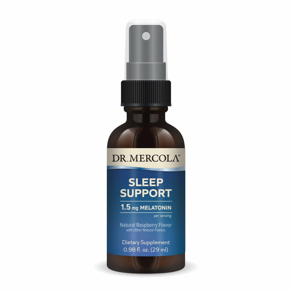 Dr. Mercola Sleep Support melatonin spray bottle promotes restful nights.