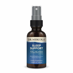 Dr. Mercola Sleep Support melatonin spray bottle promotes restful nights.