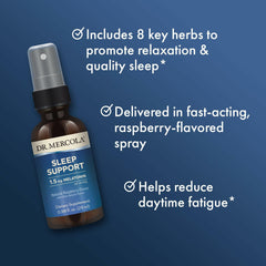 Dr. Mercola Sleep Support melatonin spray label highlights ingredients and directions.