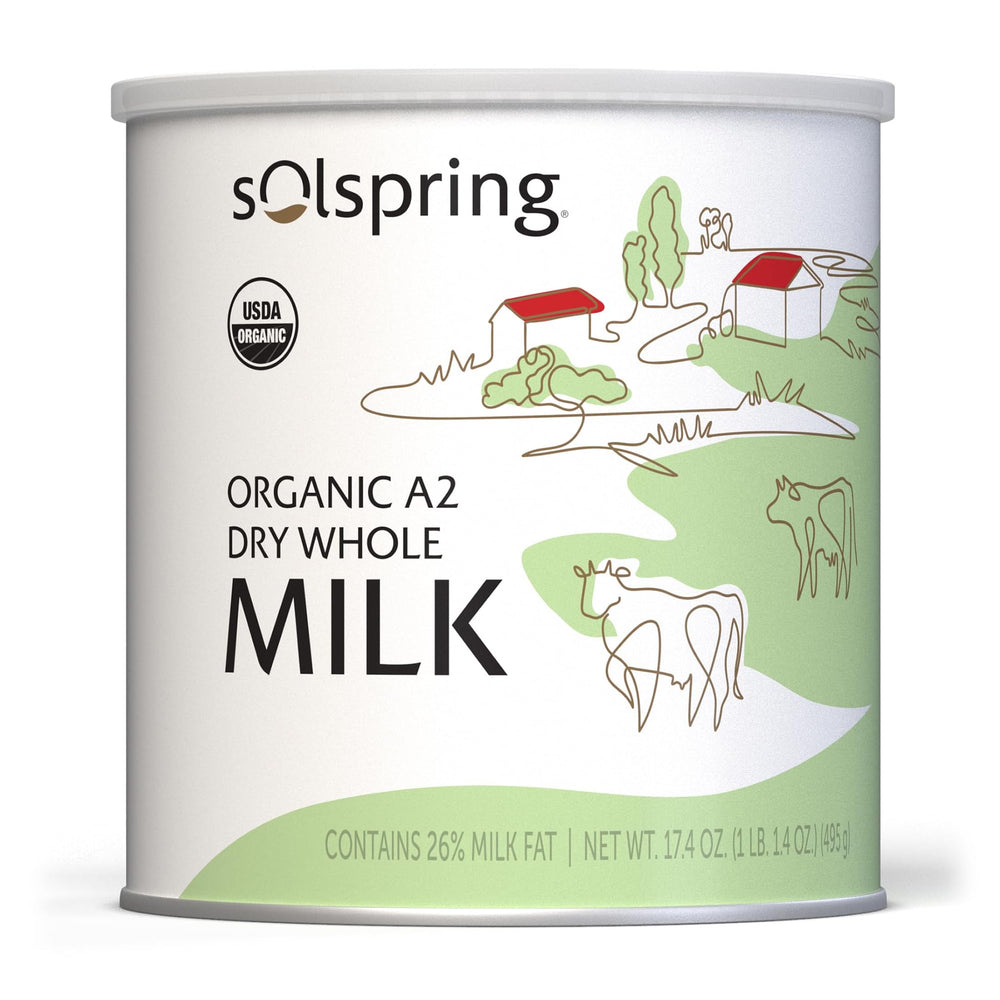 Dr. Mercola Solspring A2 dry whole milk original packaging highlighting organic origin and powder form