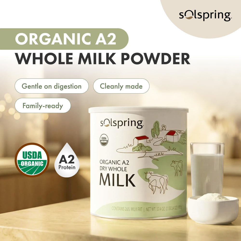 Pouring Solpring A2 dry whole milk into a glass for a beverage
