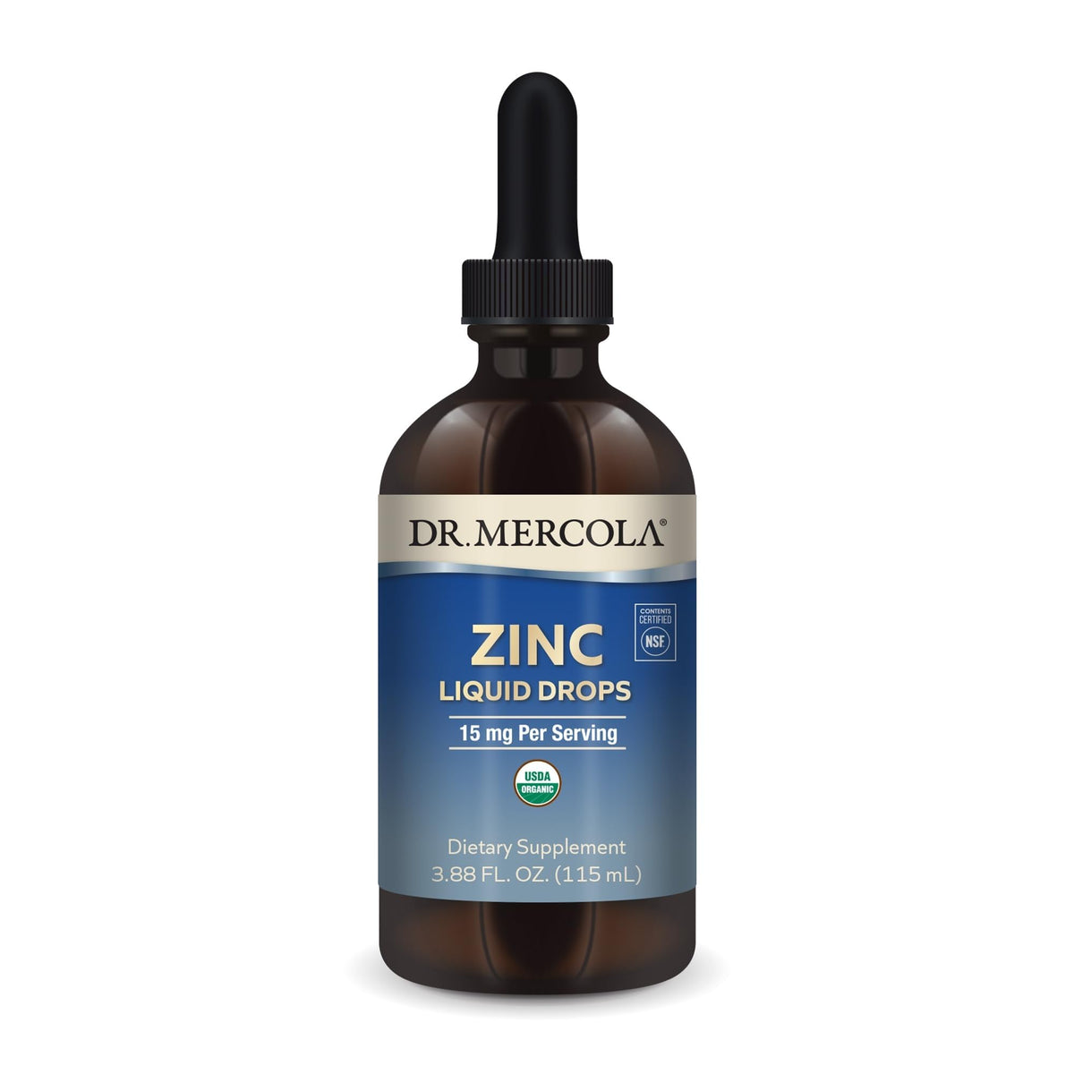 Dr. Mercola Zinc Liquid Drops bottle highlighting organic zinc for immune support