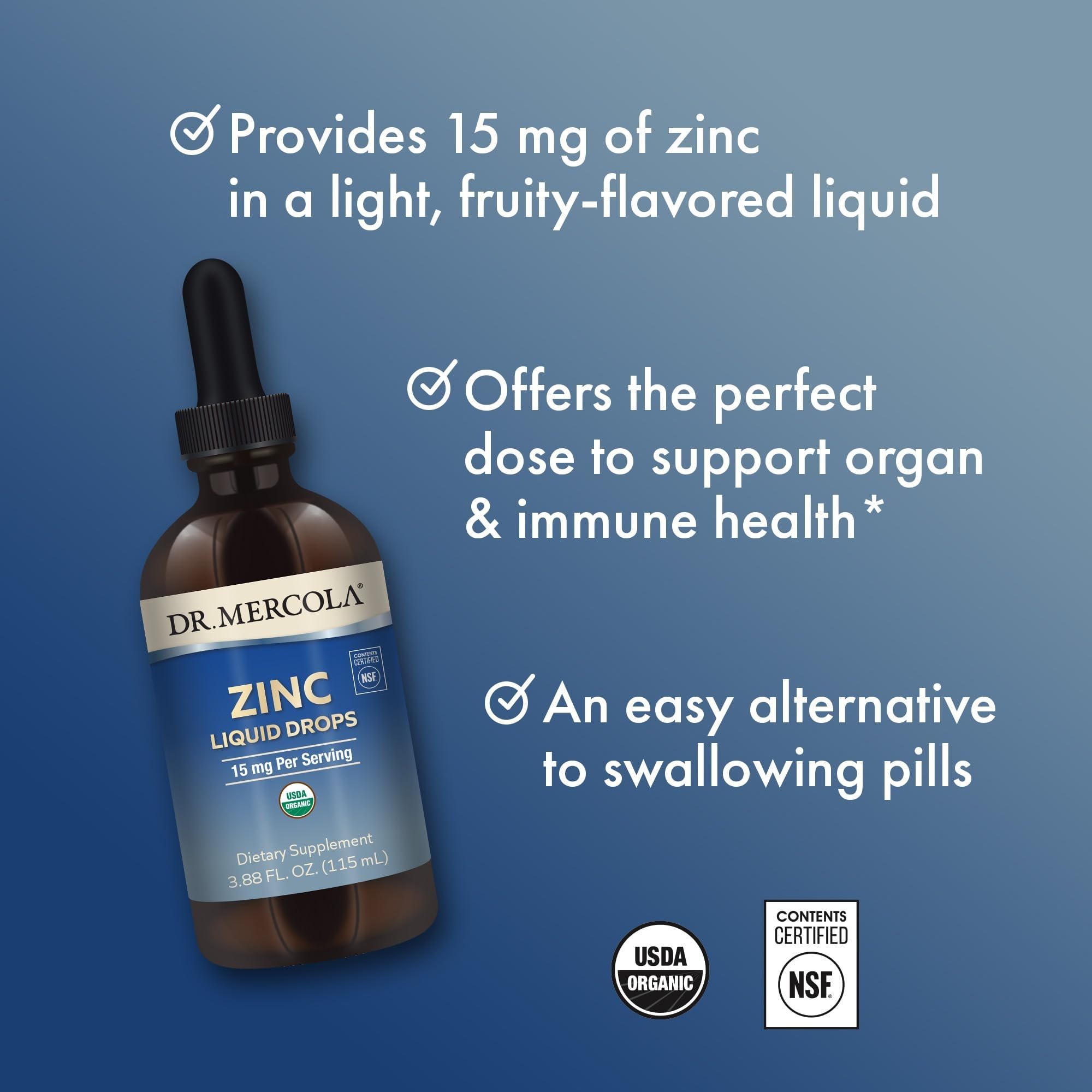 USDA Organic seal on Dr. Mercola Zinc Liquid Drops packaging