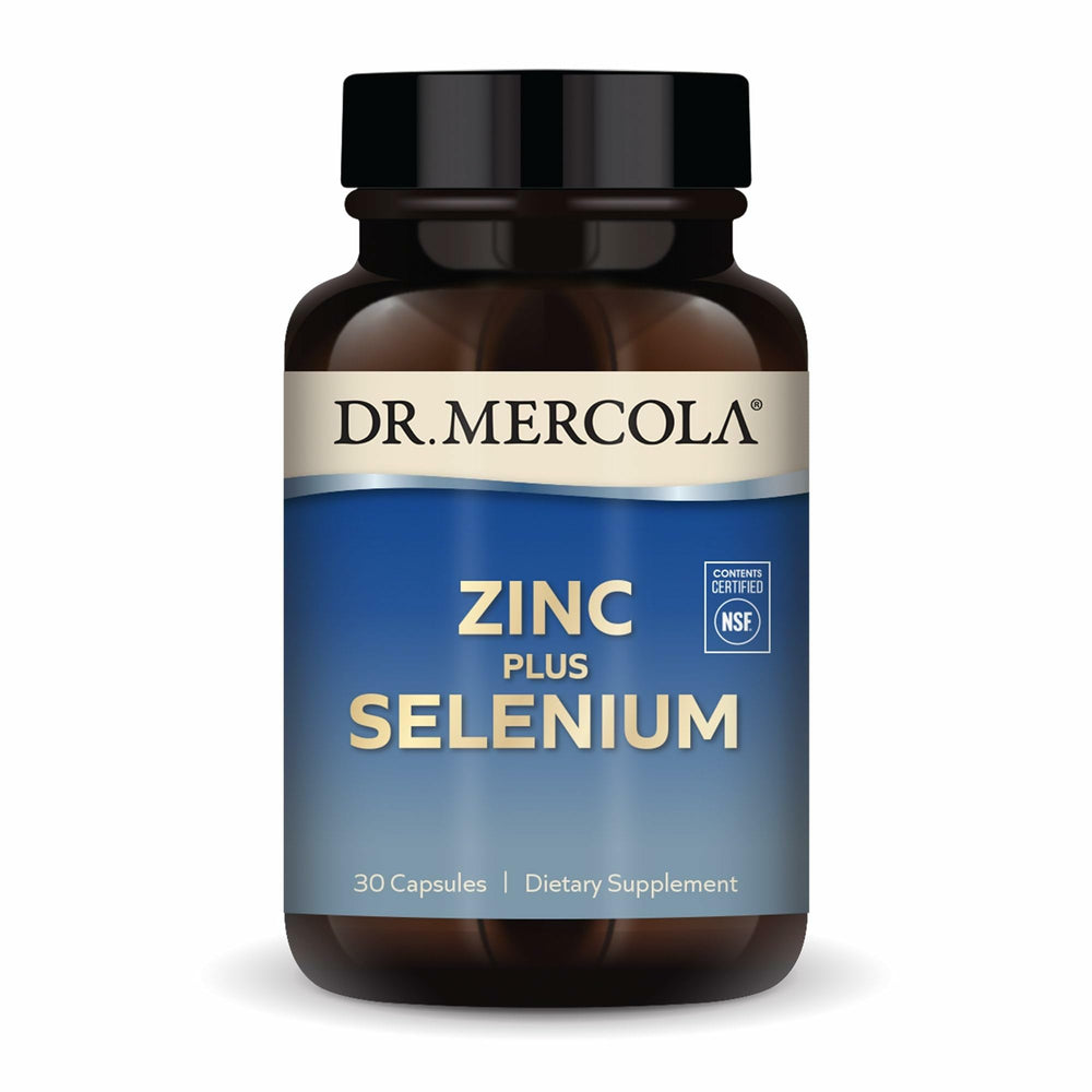 Dr. Mercola Zinc Plus Selenium bottle front for daily immune-support use.