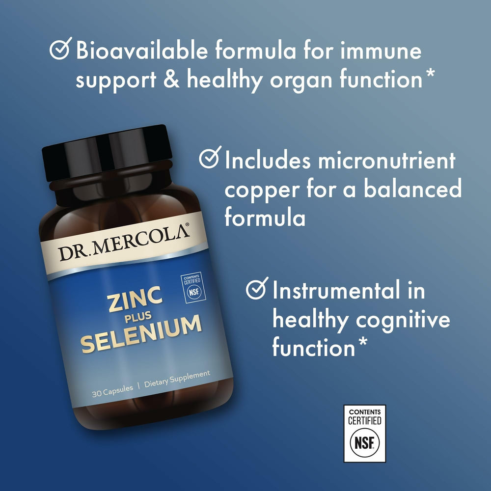Dr. Mercola Zinc Plus Selenium label close image highlighting zinc glycinate and copper.