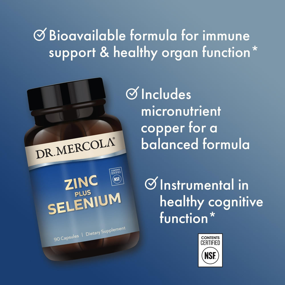 Packaging box of Dr. Mercola Zinc Plus Selenium emphasizing minerals