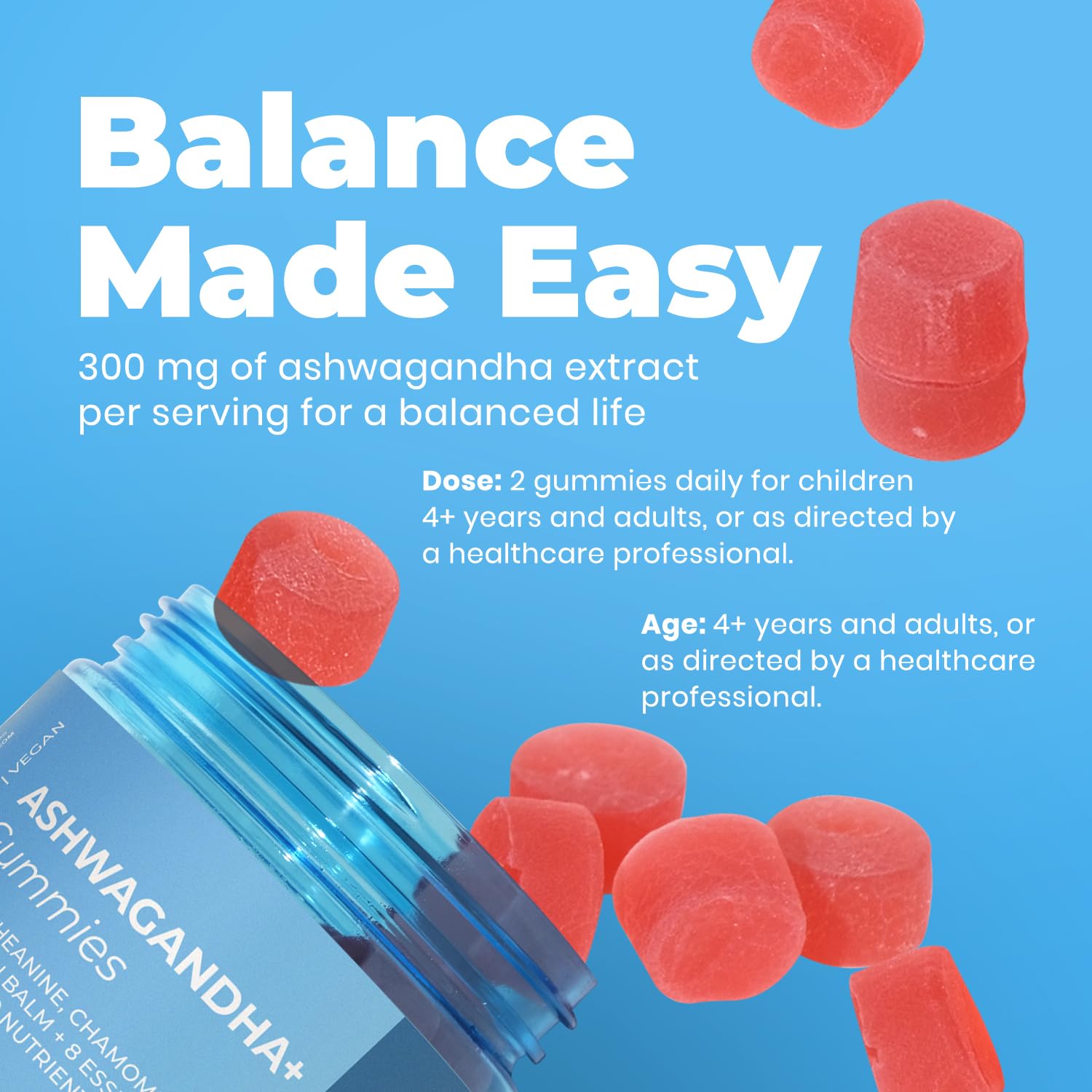 Gummies arranged beside vitamins spelling wholesome ingredients
