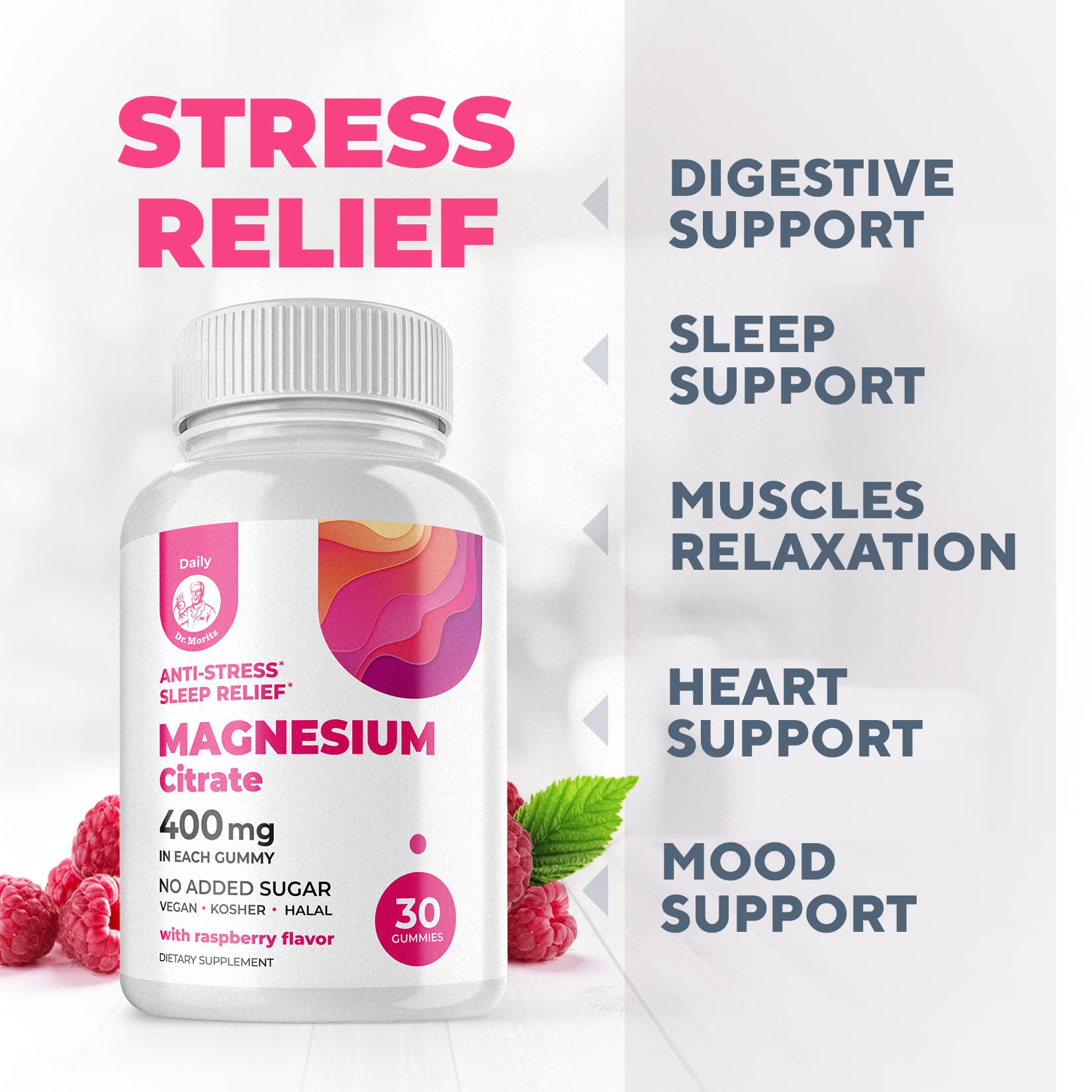 DR. MORITZ bottle on shelf with raspberry hint conveys natural flavor.