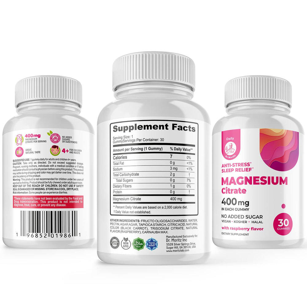 DR. MORITZ Magnesium Citrate Gummies raspberry-flavored closeup appealing to kids seeking calm.