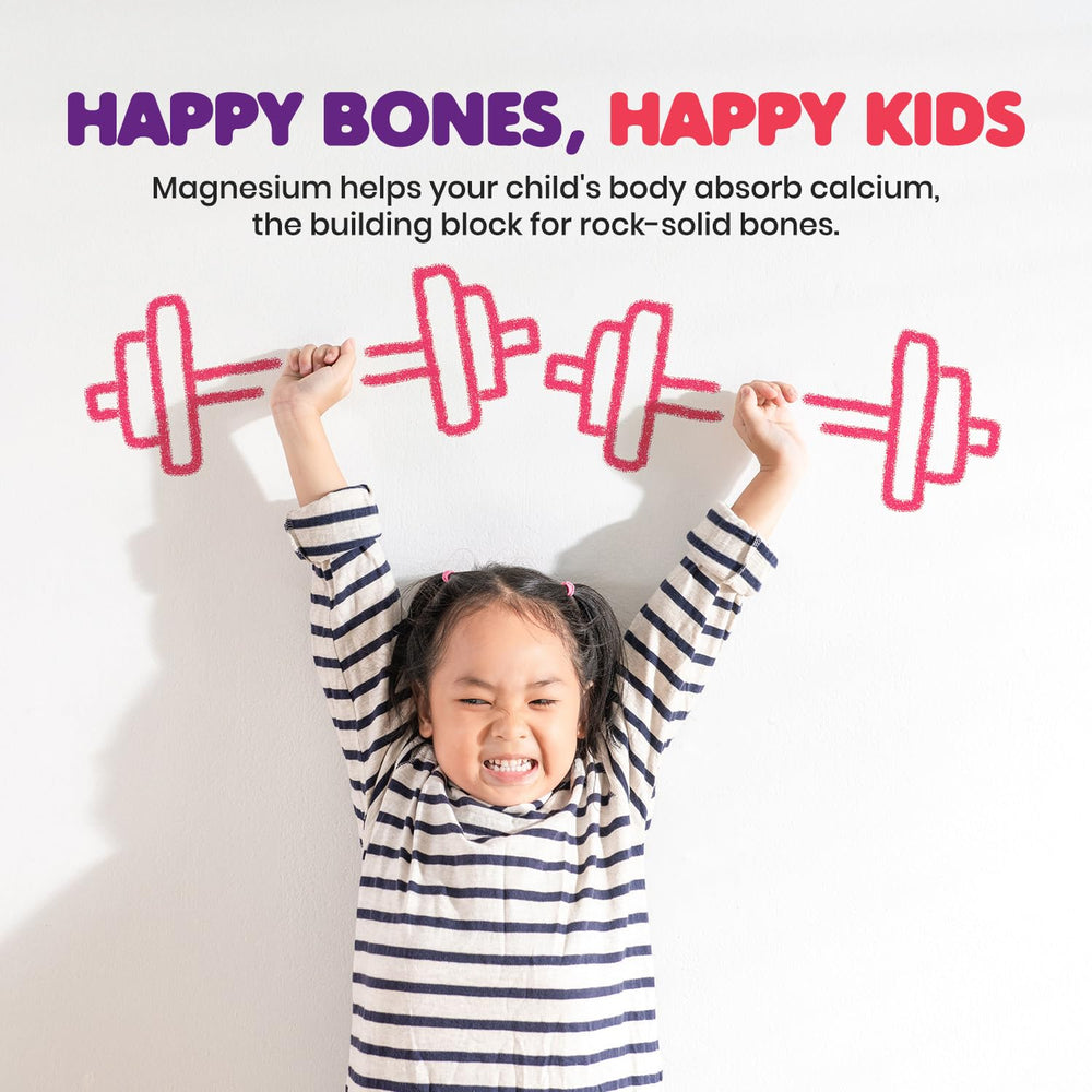 Open-pack image highlights kid-friendly magnesium gummies without artificial flavors for peace of mind.