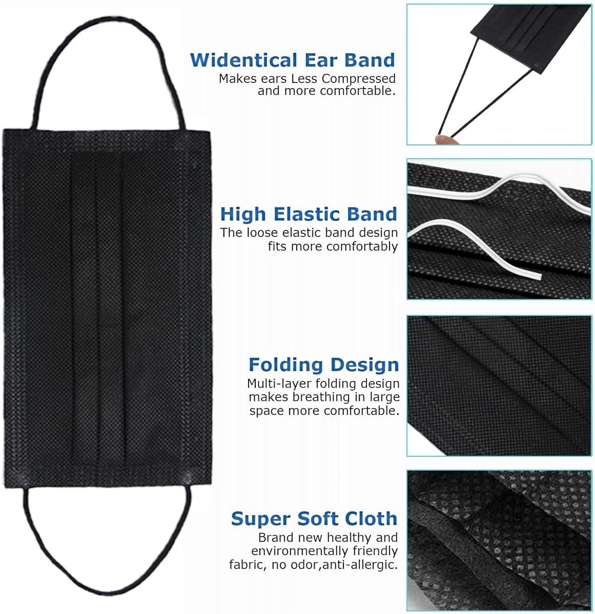 DR.MOXA black disposable mask close-up shows soft nonwoven texture