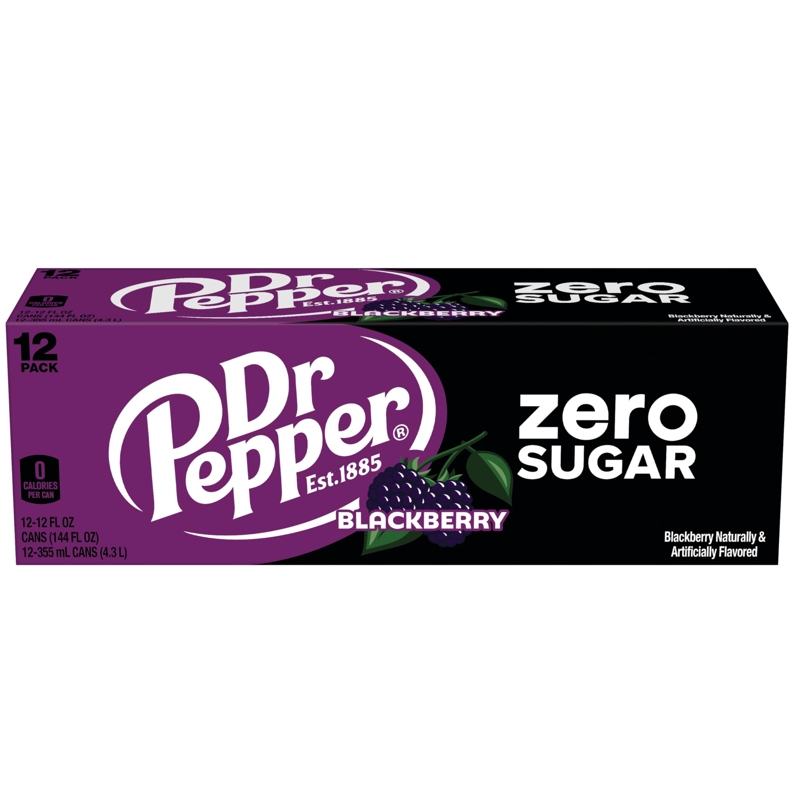 Dr Pepper Blackberry Zero Sugar 12oz can closeup highlights rich blackberry-infused flavor.