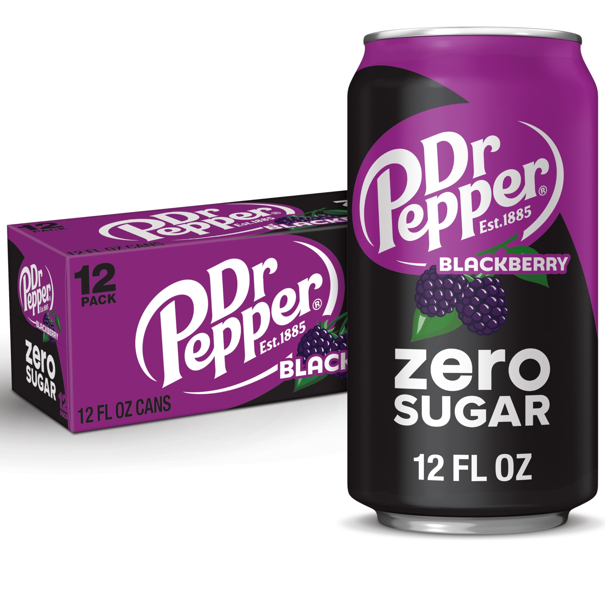 Dr Pepper Blackberry Zero Sugar 12oz can with bold blackberry aroma for a refreshing break.