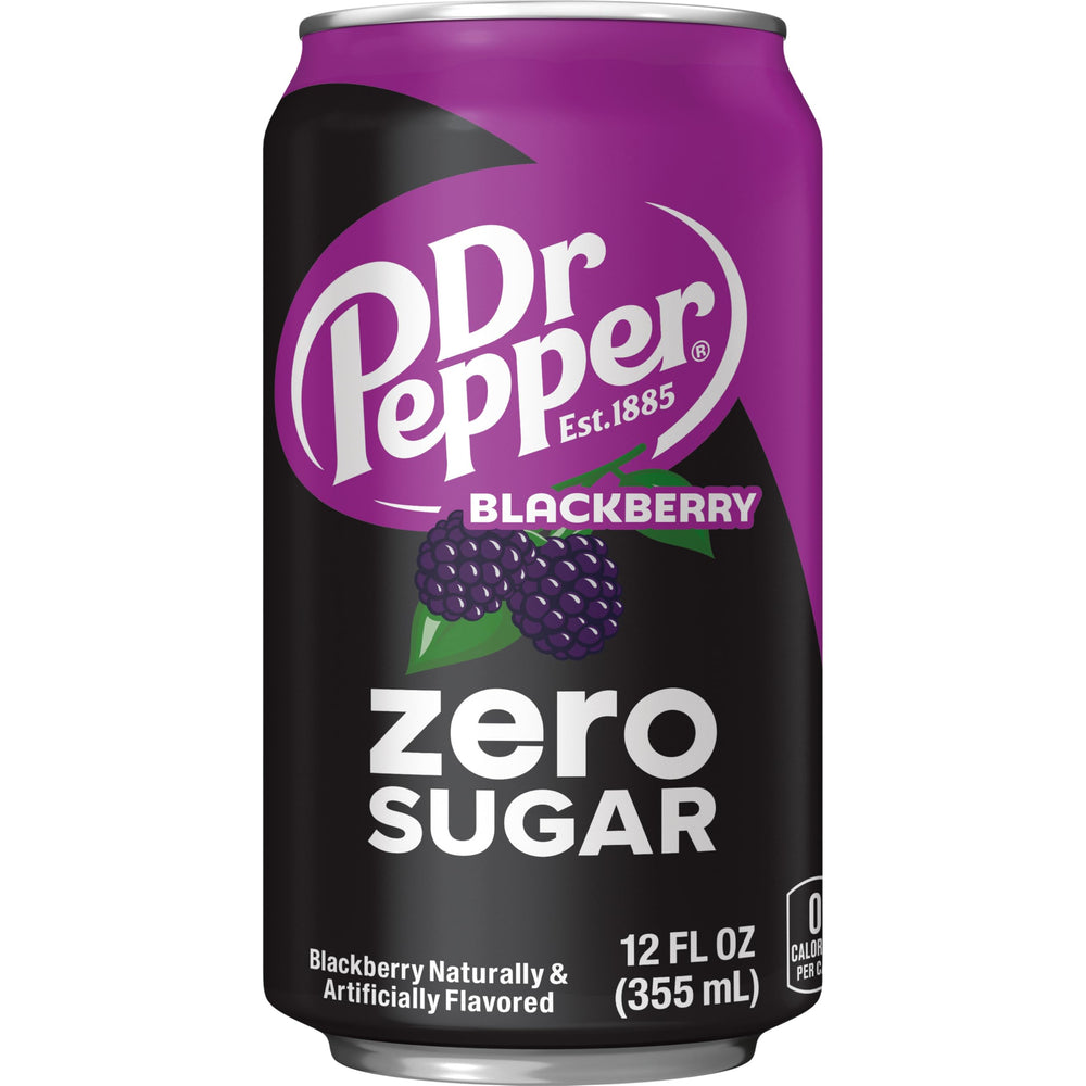 Dr Pepper Blackberry Zero Sugar 12oz can beside ice signals chilled, ready-to-drink refreshment.